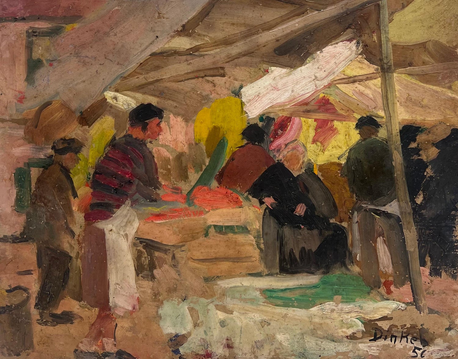 Modernist Oil Painting George Schwacha Brooklyn Street Scene Fruit Market WPA